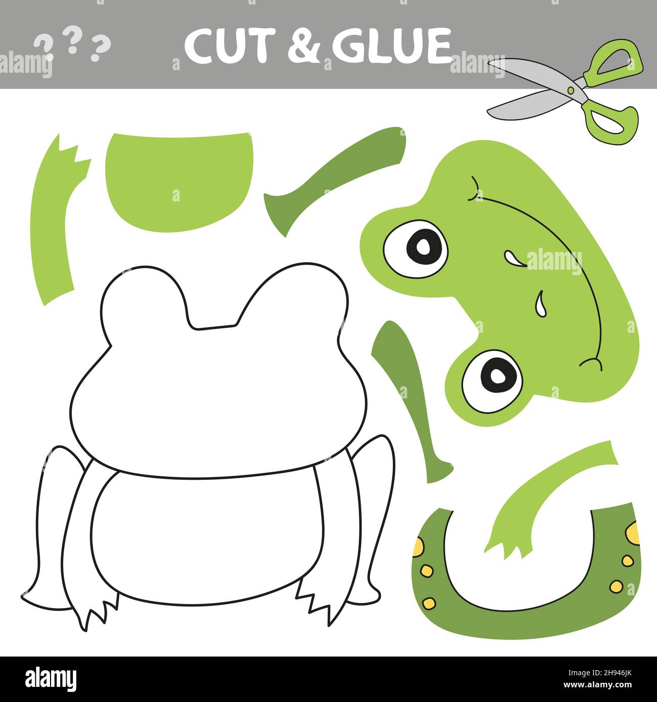 Cut and Leim - einfaches Spiel für Kinder. Bildung Papier Spiel für Kinder, Frosch. Verwenden Sie Scheren und Kleber, um das Bild zu erstellen. Stock Vektor