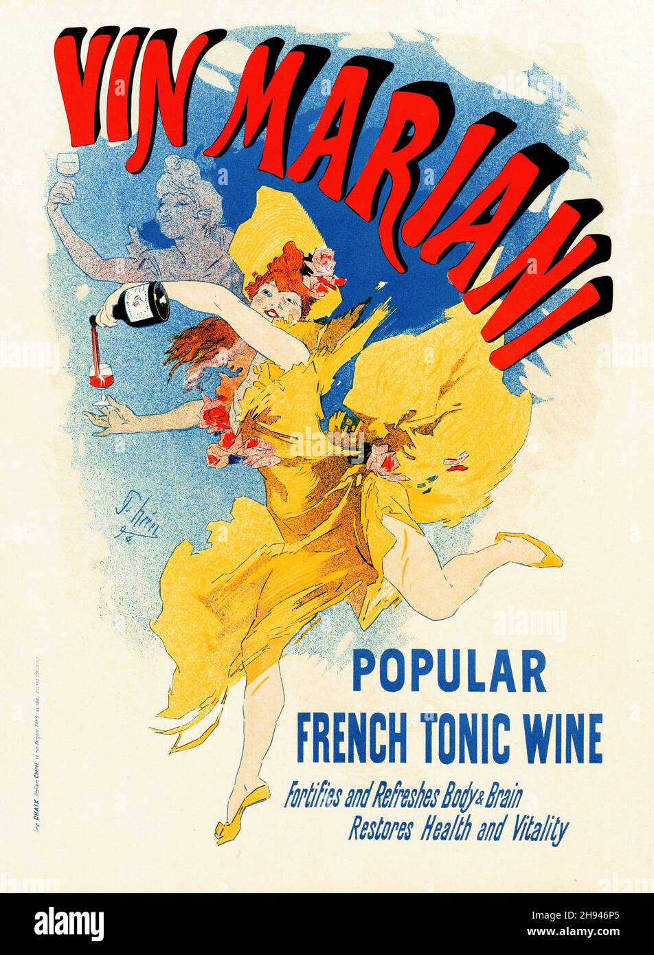 Vin Mariani, beliebter französischer Tonic Wine - 1896 - Posterkunst von Jules Chéret (1836-1932). Französisch. Altes Werbeplakat für Alkohol. Stockfoto