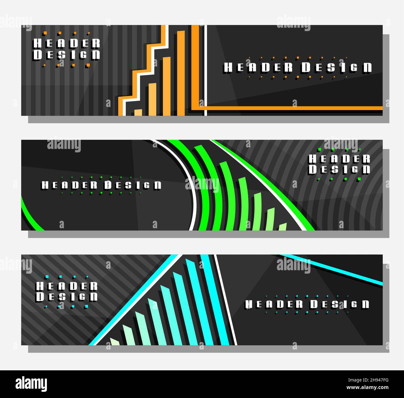 Vektor-Header-Set, 3 bunte Layouts mit dekorativen Designkurven mit Platz für Werbetext, kreative Header-Vorlagen für Werbung, horizontal Stock Vektor