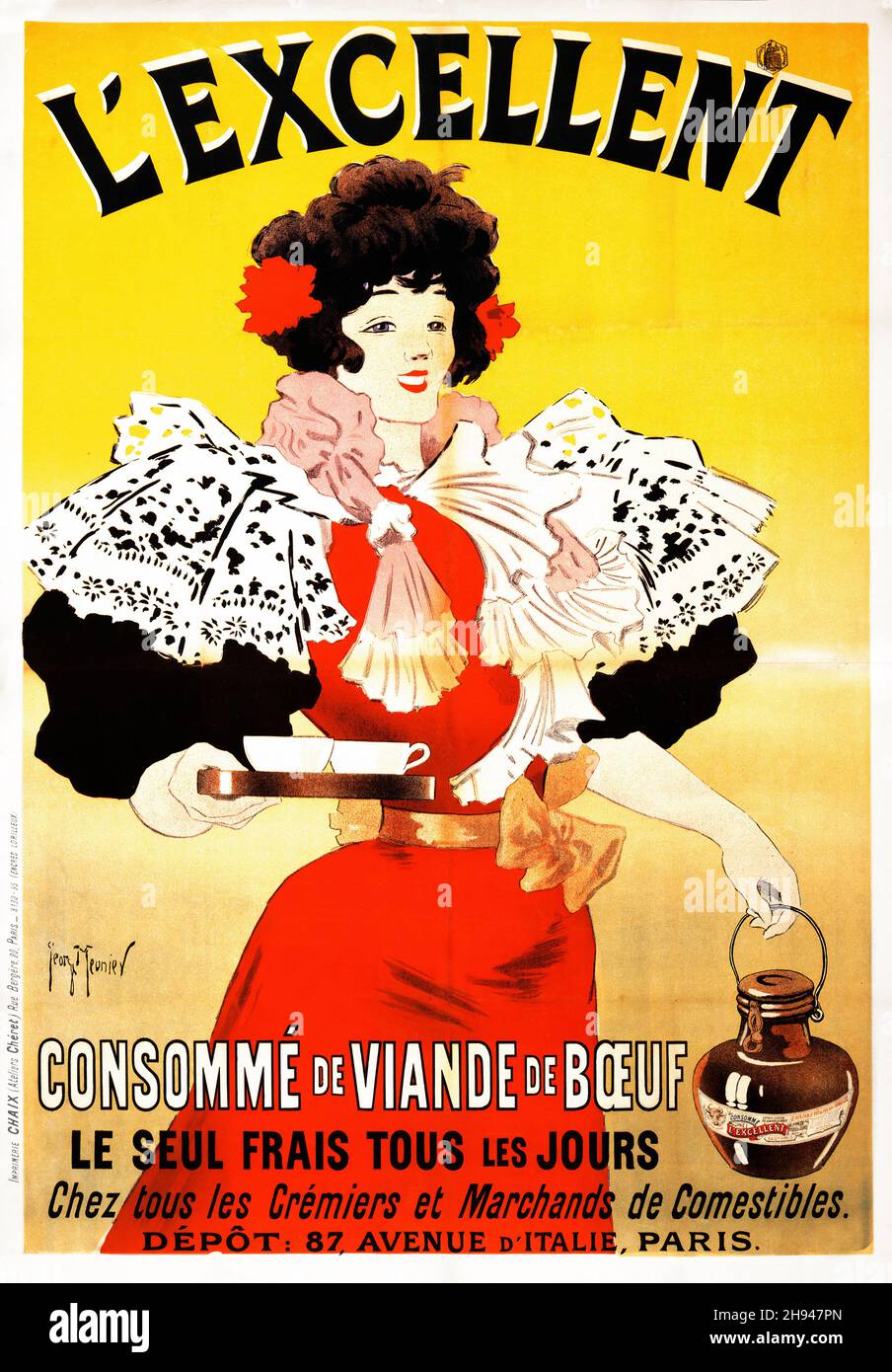 L'excellent, consommé de viande de bœuf von Georges Meunier (1869-1942). Paris : Imprimerie Chaix (Atelers Chéret), Rue Bergère, 20, 1895. Stockfoto