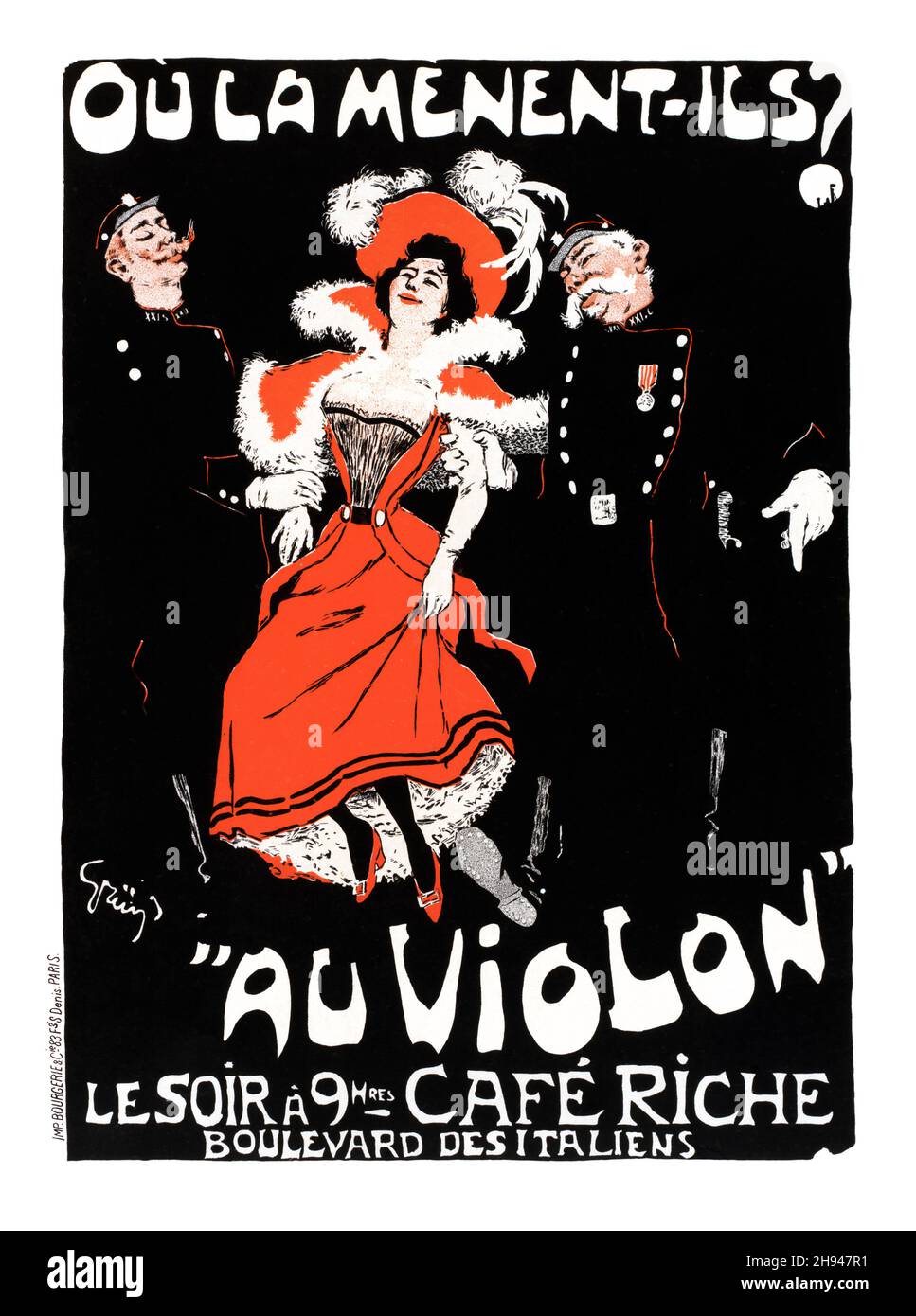 CAFE RICHE Au Violon 1897 Belle époque Poster von Jules Alexandre Grün. Boulevard Desitalens. Zwei Polizisten, die sich um eine betrunkene Frau kümmern. Stockfoto