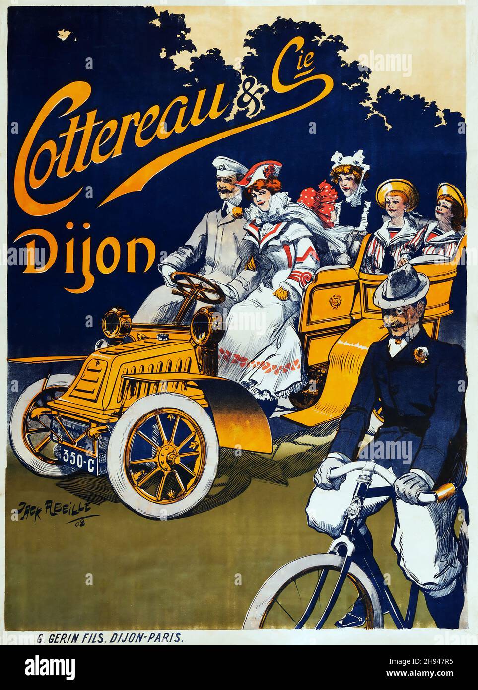 Cottereau & Cie - Djion Lithograph, französisches Werbeplakat von Jack Abeille, 1902. Eine Gruppe von Leuten, die in einem Oldtimer fahren. Stockfoto