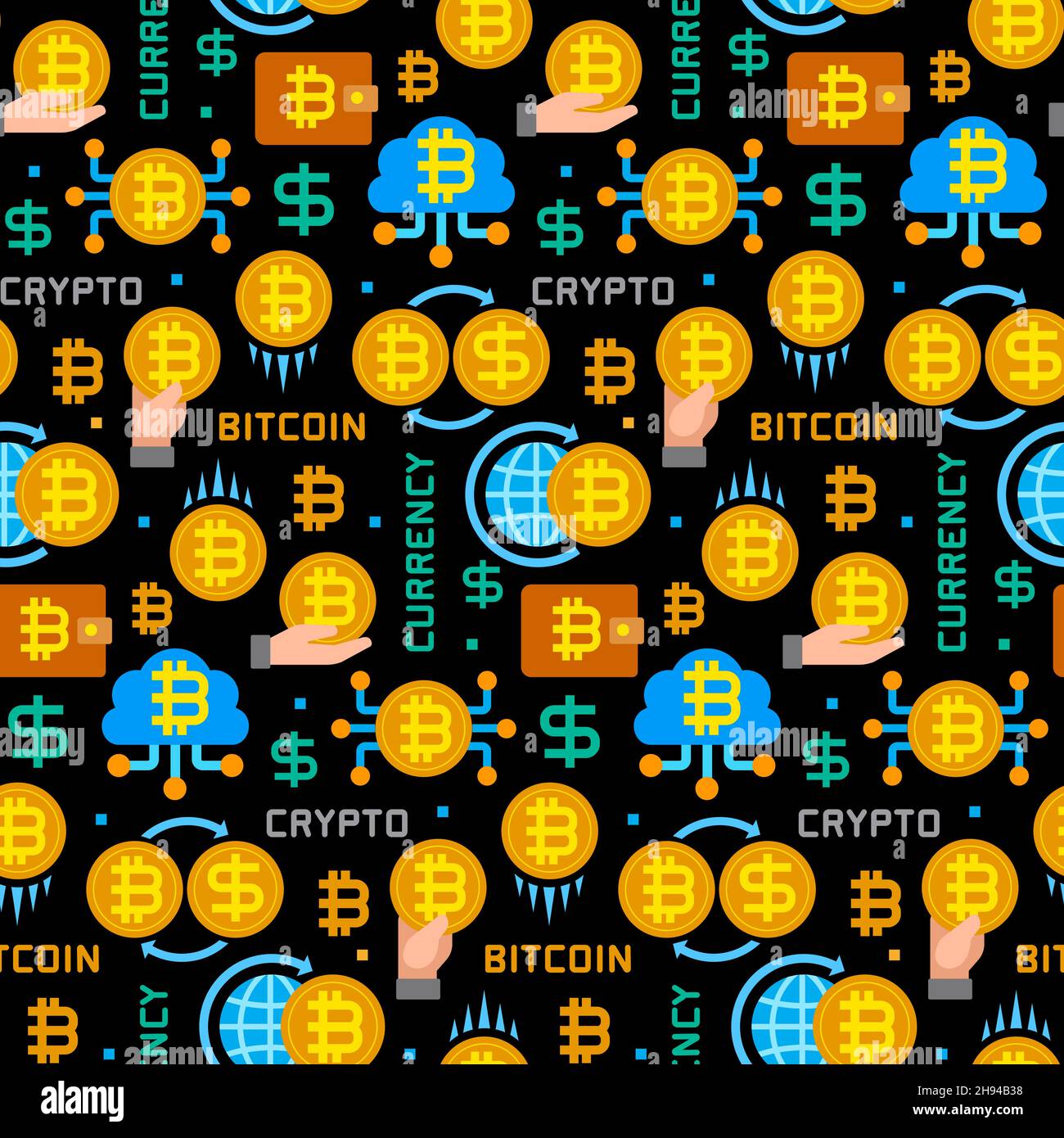 Blockchain Und Krypto-Währung Bitcoin Nahtlose Musterdarstellung Stock Vektor