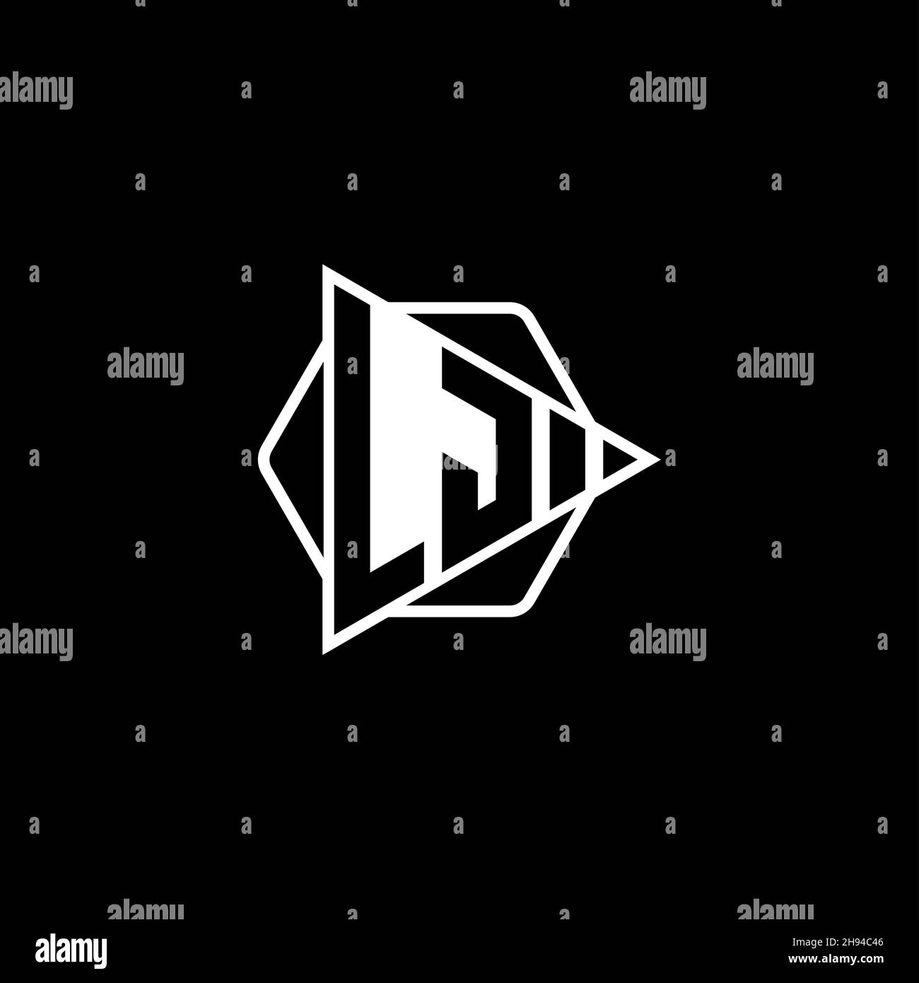 LJ Monogram-Logo-Buchstabe mit dreieckiger Play-Button-Form sechseckig abgerundet. Dreieck Kreis Monogramm Logo, Dreieck Schild Logo Buchstabe. Stock Vektor