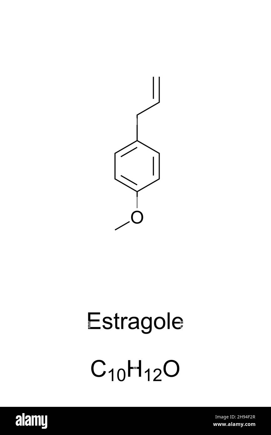 Estragol, chemische Formel und Struktur. Auch p-allylanisol oder Methyl-Chavicol. Bestandteil von Terpentin (Kiefernöl), Anis, Fenchel, Lorbeer, Estragon. Stockfoto