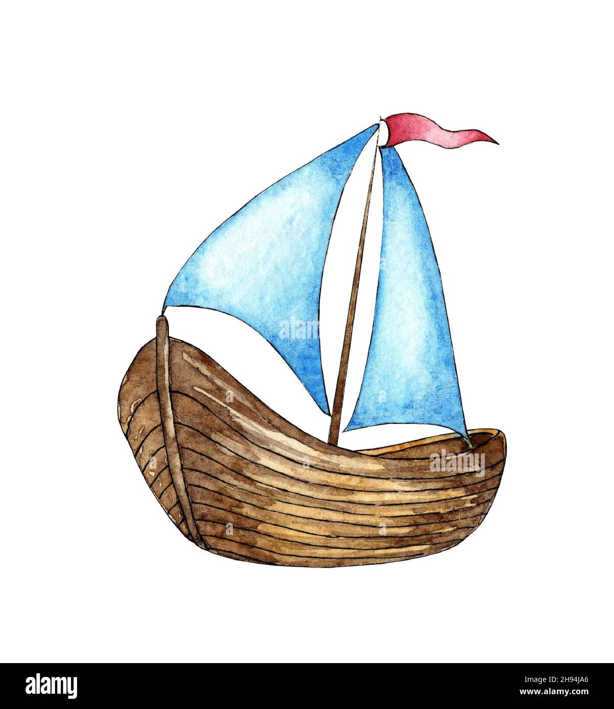 Aquarell-Illustration eines weißen Segelschiffs mit roter Flagge. Seereise mit dem Boot, Sommerurlaub und Segelregatta Meeresbild. Isoliert auf Whi Stockfoto