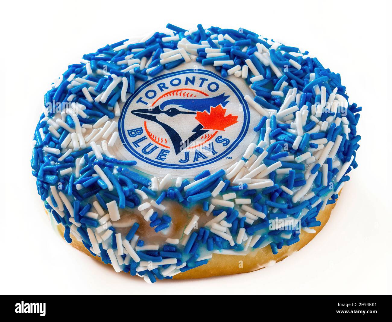 Ein Donut-Essen garniert in den Farben des Bluejays MLB Baseballteams.Nov 22, 2021 Stockfoto