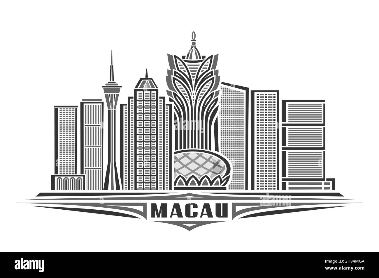 Vektor-Illustration von Macau, monochromes horizontales Poster mit linearem Design berühmte macau Stadtlandschaft, städtische Linie Kunstkonzept mit einzigartigen dekorativen l Stock Vektor