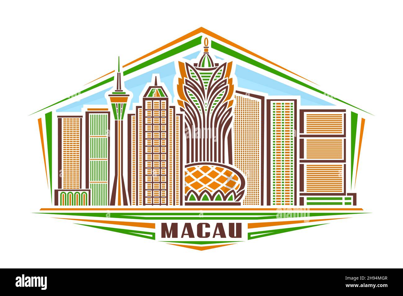 Vektor-Illustration von Macau, horizontales Logo mit linearem Design berühmte macau-Stadtlandschaft am Tag Himmel Hintergrund, asiatische Urban Line Art-Konzept mit Deko Stock Vektor