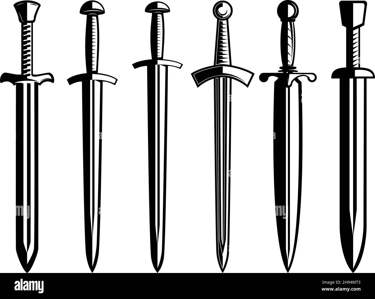 Satz von Illustrationen mittelalterlicher Schwerter. Gestaltungselement für Plakat, Karte, Banner, Emblem, Schild. Vektorgrafik Stock Vektor