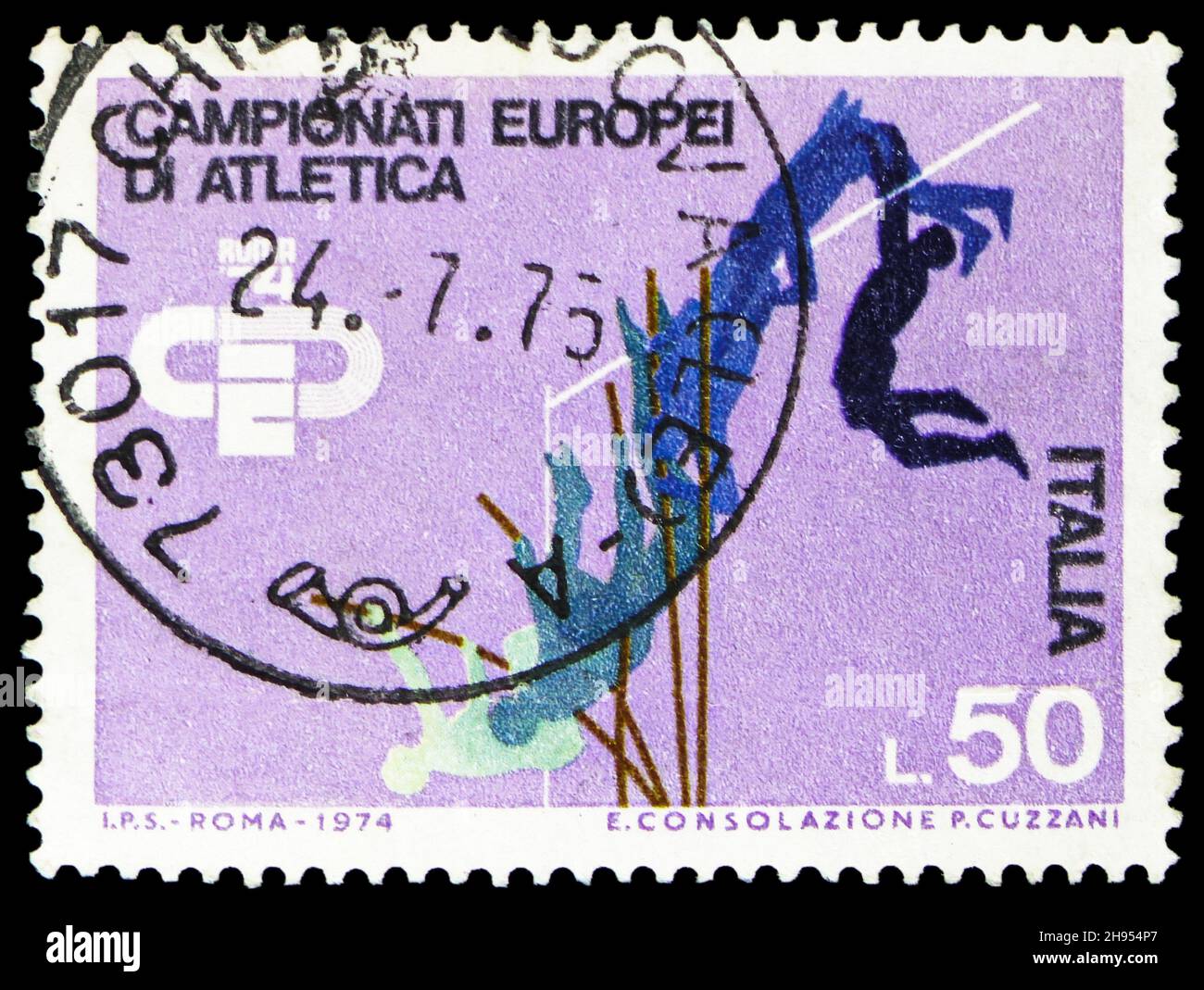 MOSKAU, RUSSLAND - 24. OKTOBER 2021: In Italien gedruckte Briefmarke zeigt Pole Vault, European Athletics Championships Serie, um 1974 Stockfoto