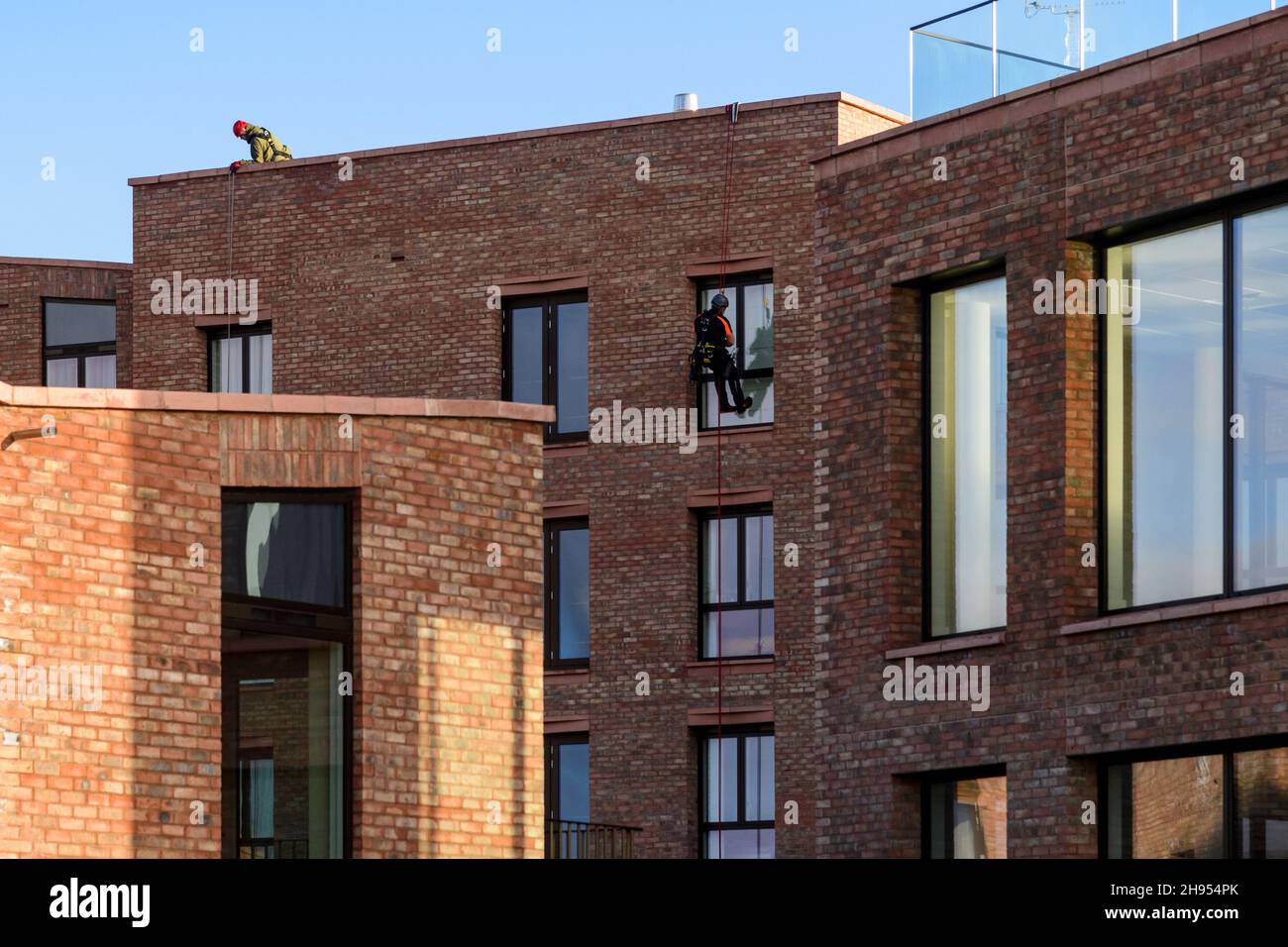 Fensterputzer bei der Arbeit (Abseiler, neue Hochhauswohnungen, Bürogebäude, Sicherheit) - Hudson Quarter, York City Centre, North Yorkshire, England Großbritannien. Stockfoto