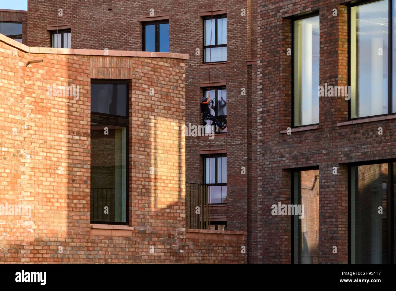 Fensterputzer bei der Arbeit (Abseiler, neue Wohnungen, Hochhaus-Apartmentgebäude, Sicherheit) - Hudson Quarter, York City Centre, North Yorkshire, England Großbritannien. Stockfoto