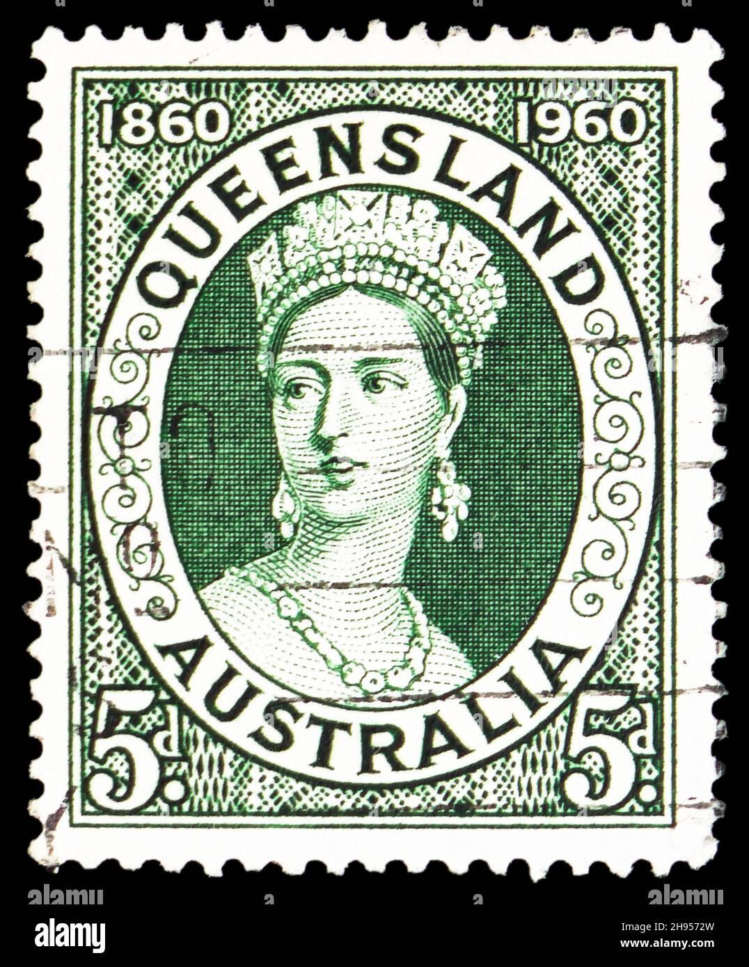 MOSKAU, RUSSLAND - 24. OKTOBER 2021: Die in Australien gedruckte Briefmarke zeigt den 100. Jahrestag der ersten Briefmarke von Queensland, um 1960 Stockfoto