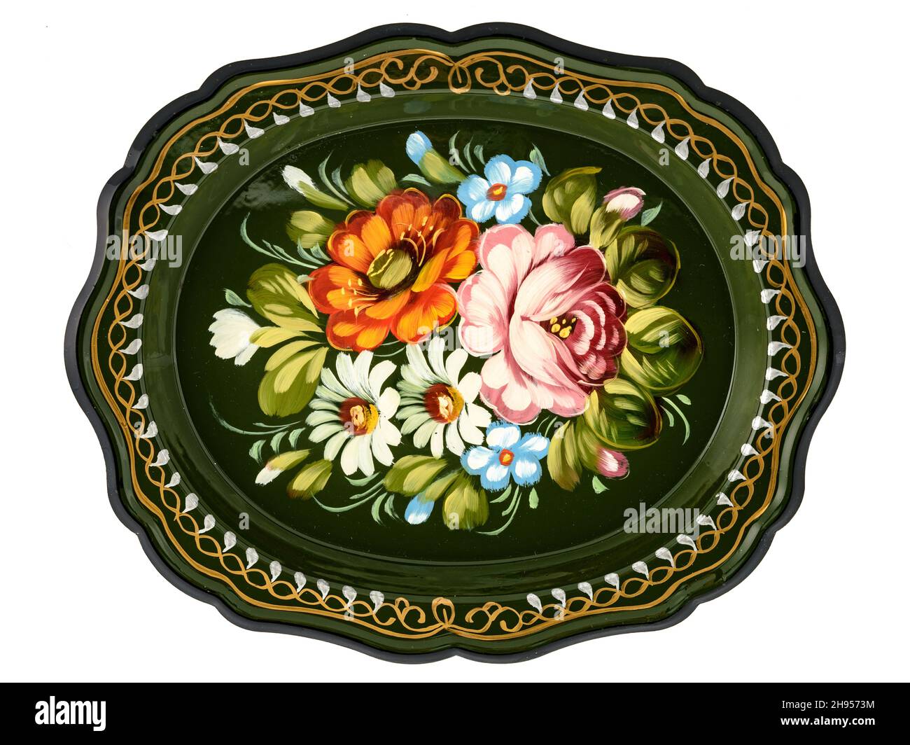 Old Green dekorative russische Folk handbemaltes Metall Tablett mit floralen Farbmuster auf weiß. Für die Innenraumgestaltung. Stockfoto