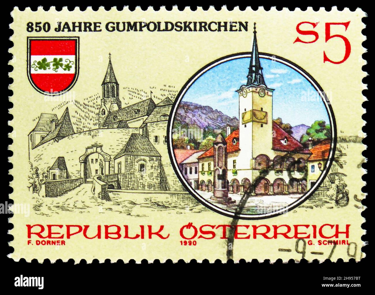 MOSKAU, RUSSLAND - 24. OKTOBER 2021: In Österreich gedruckte Briefmarke zeigt 850th-jähriges Jubiläum von Gumpoldskirchen (Niederösterreich), Serie, um 1990 Stockfoto