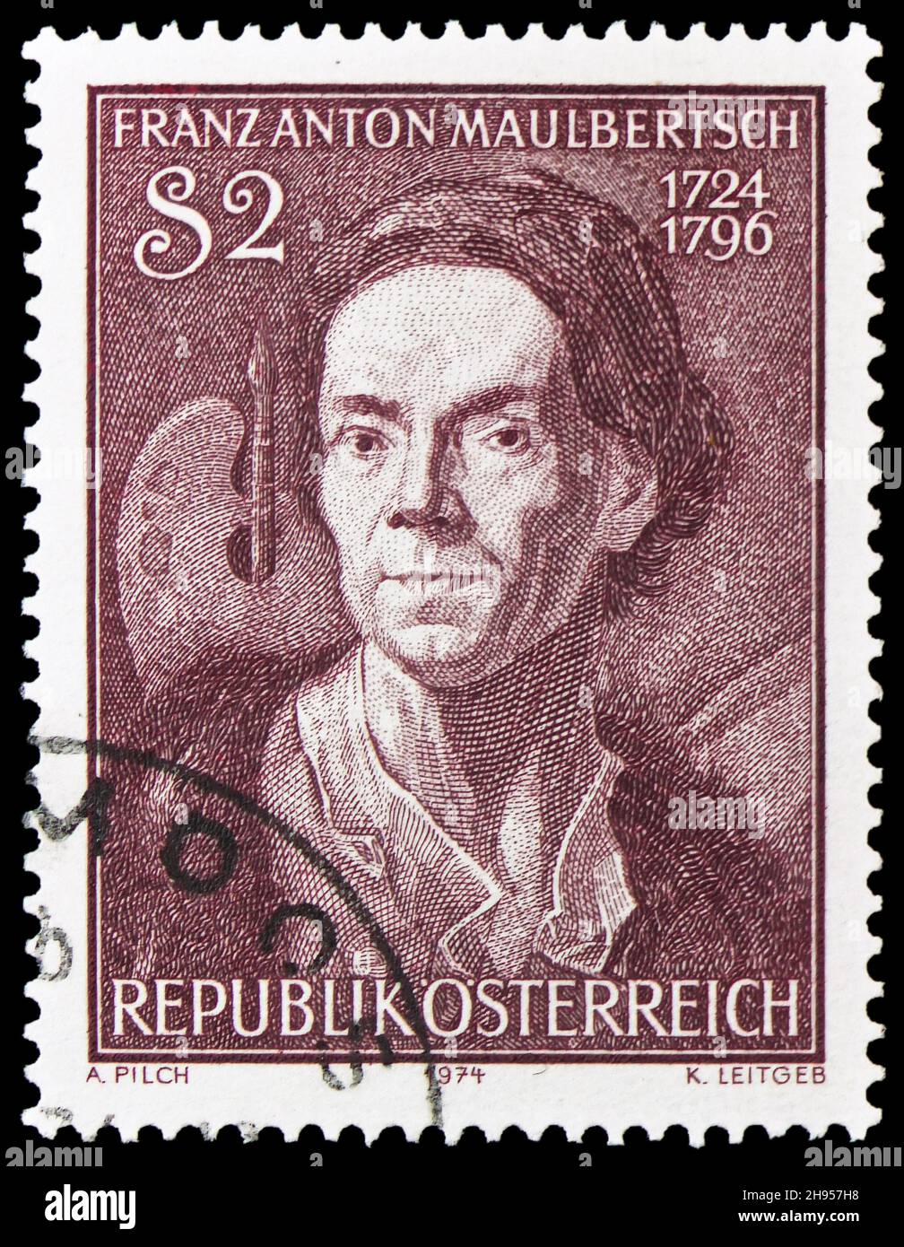 MOSKAU, RUSSLAND - 24. OKTOBER 2021: In Österreich gedruckte Briefmarke zum 250th. Geburtstag von Franz Anton Maulbertsch, um 1974 Stockfoto