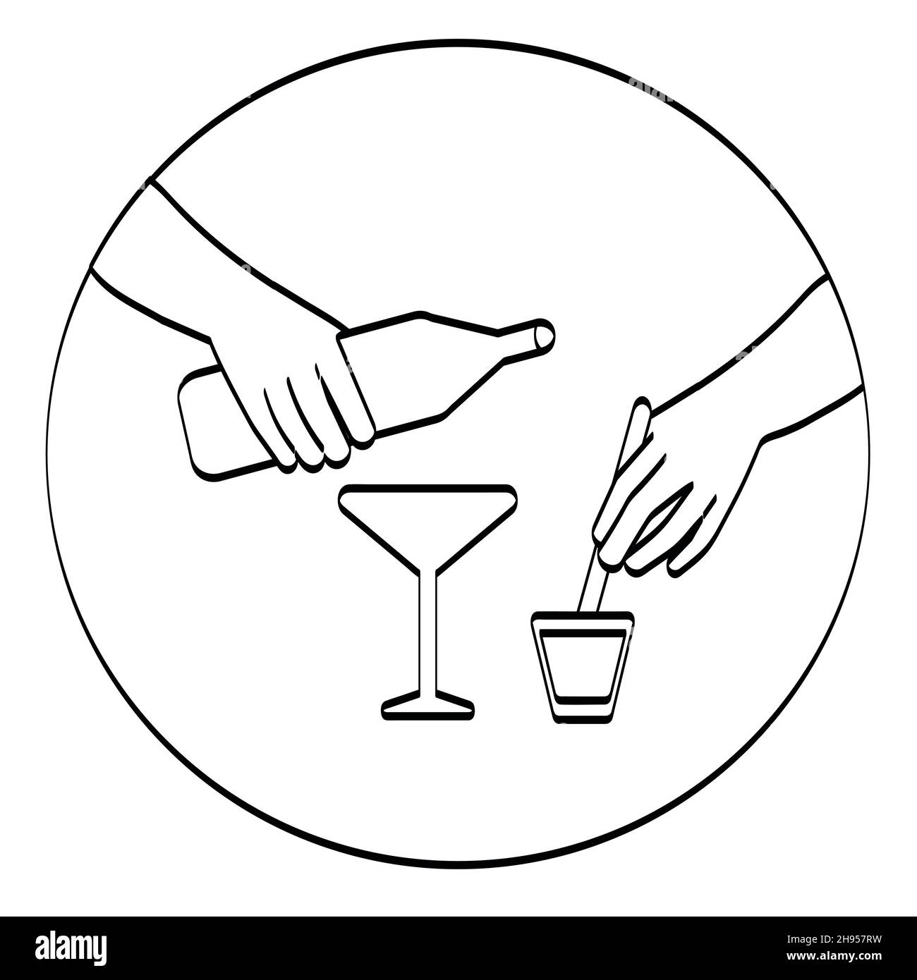 Schwarz-Weiß-Vektor-Illustration Handzeichnung Linie. Hände des Barkeepers, die einen Cocktail machen. Stock Vektor
