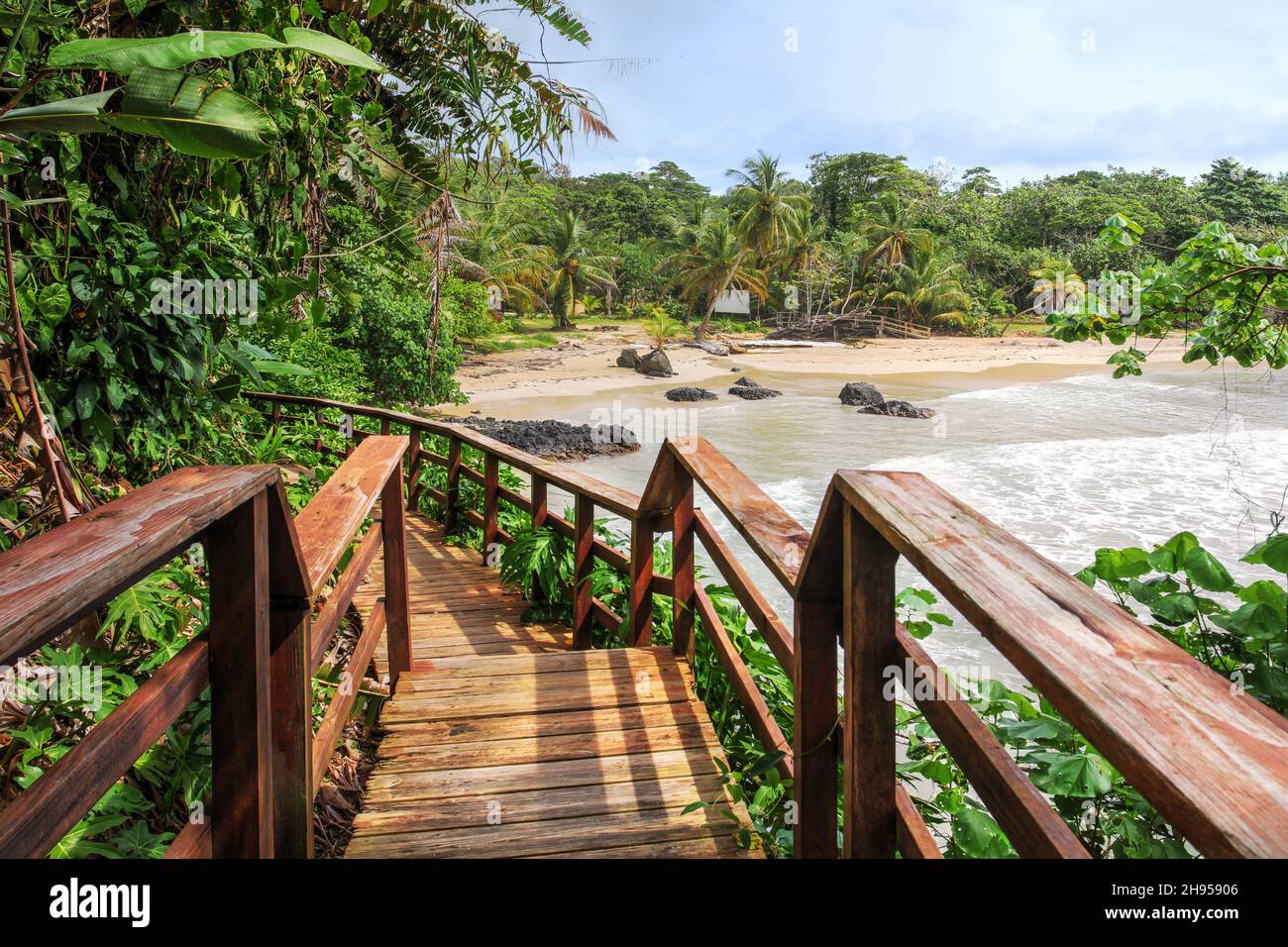 Holzsteg zum Red Frog Strand auf der Bastimentos Insel in Bocas del Toro Region in Panama. Stockfoto
