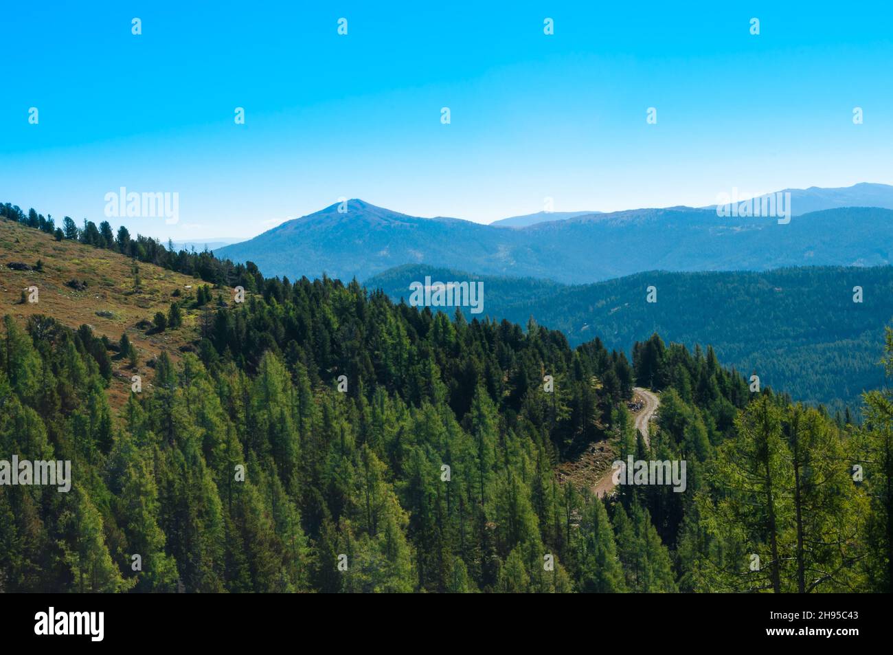 Berglandschaft in Österreich. Blick von einem hohen Punkt einer Bergkette. Sonniger Herbsttag Stockfoto