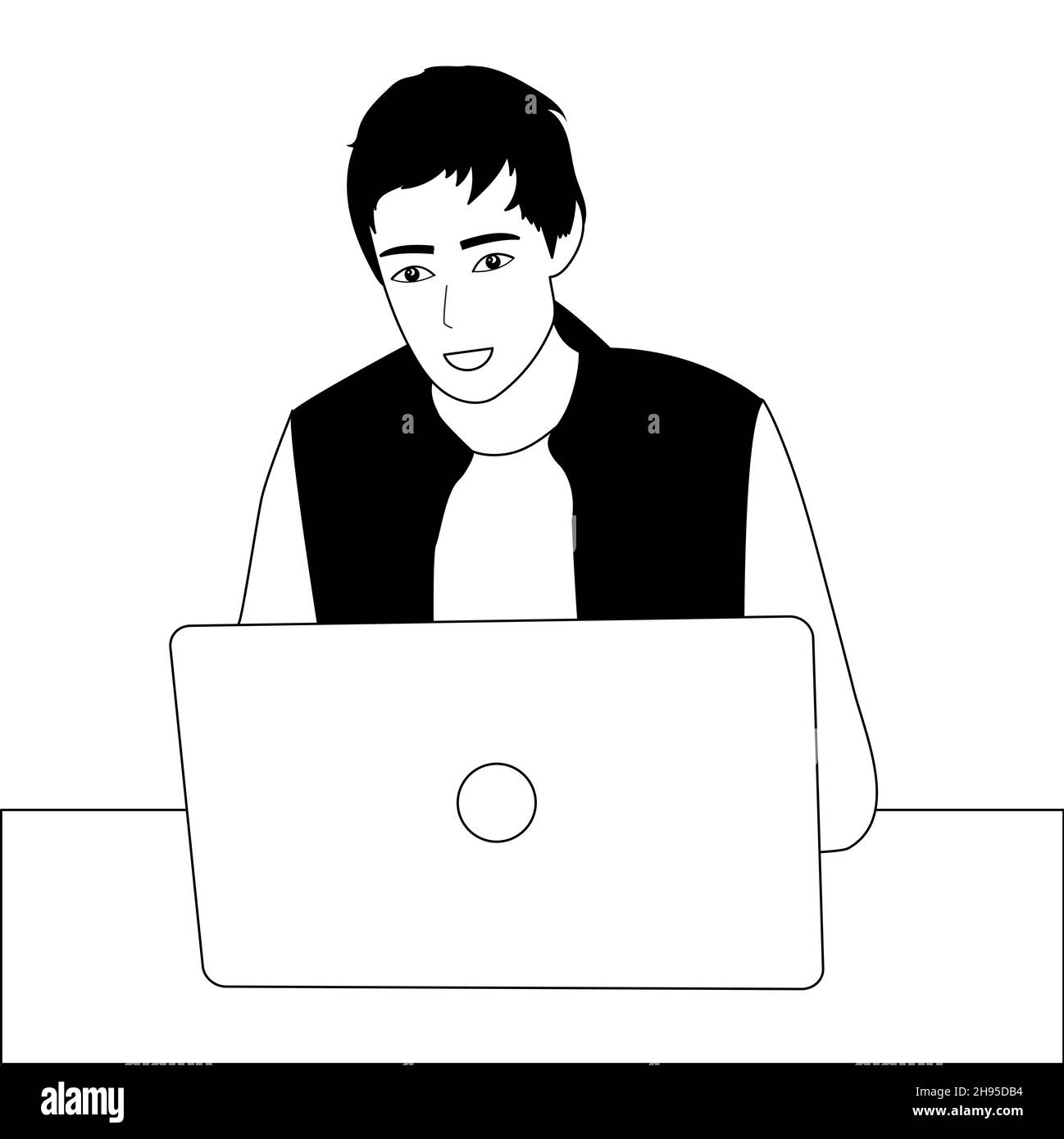 Schwarz-Weiß-Vektor-Illustration Handzeichnung Linie. Der Typ arbeitet am Laptop. Stock Vektor