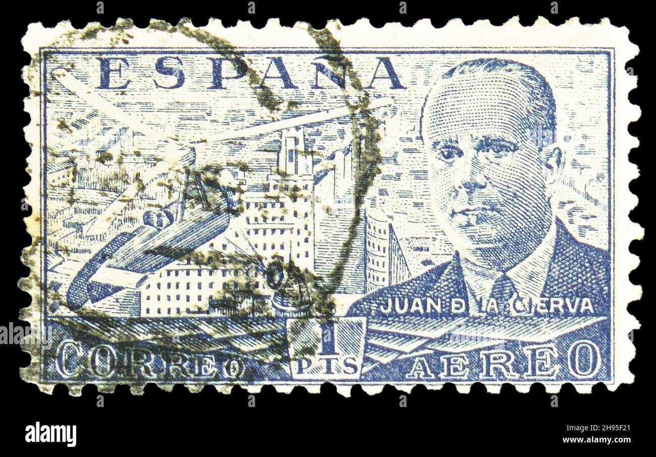 MOSKAU, RUSSLAND - 24. OKTOBER 2021: Die in Spanien gedruckte Briefmarke zeigt Juan de la Cierva, Serie, um 1941 Stockfoto