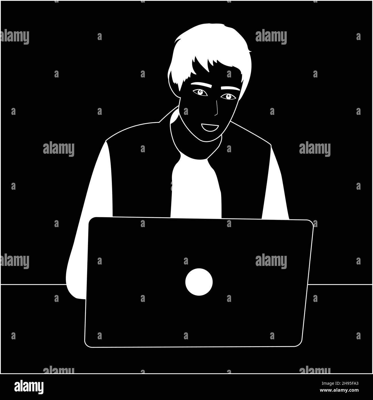 Schwarz-Weiß-Vektor-Illustration Handzeichnung Linie. Der Typ arbeitet am Laptop. Stock Vektor