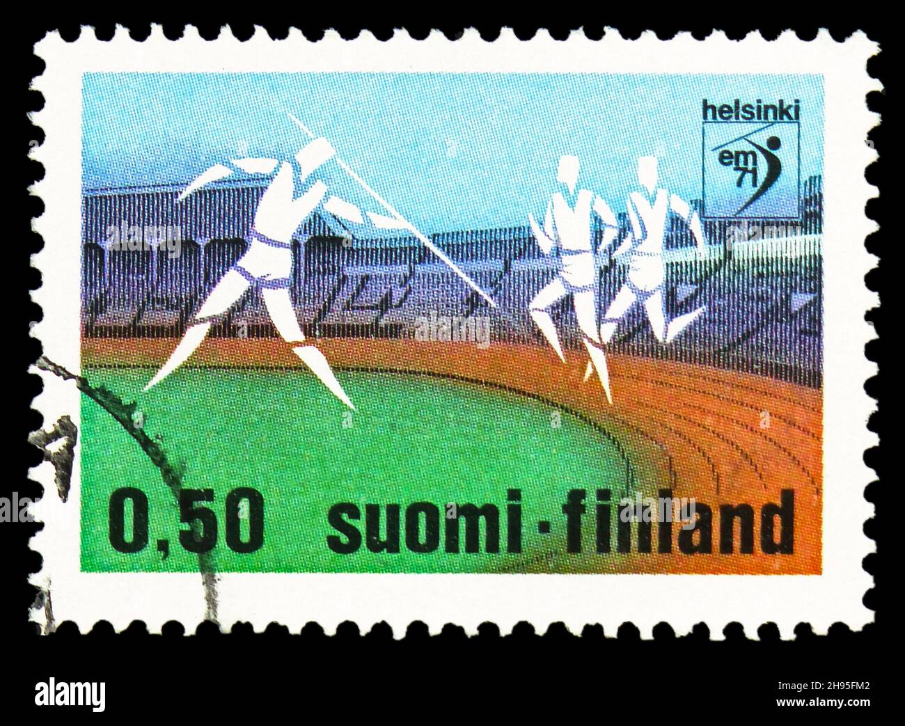 MOSKAU, RUSSLAND - 24. OKTOBER 2021: In Finnland gedruckte Briefmarke zeigt Europameisterschaften Leichtathletik, Serie, um 1971 Stockfoto