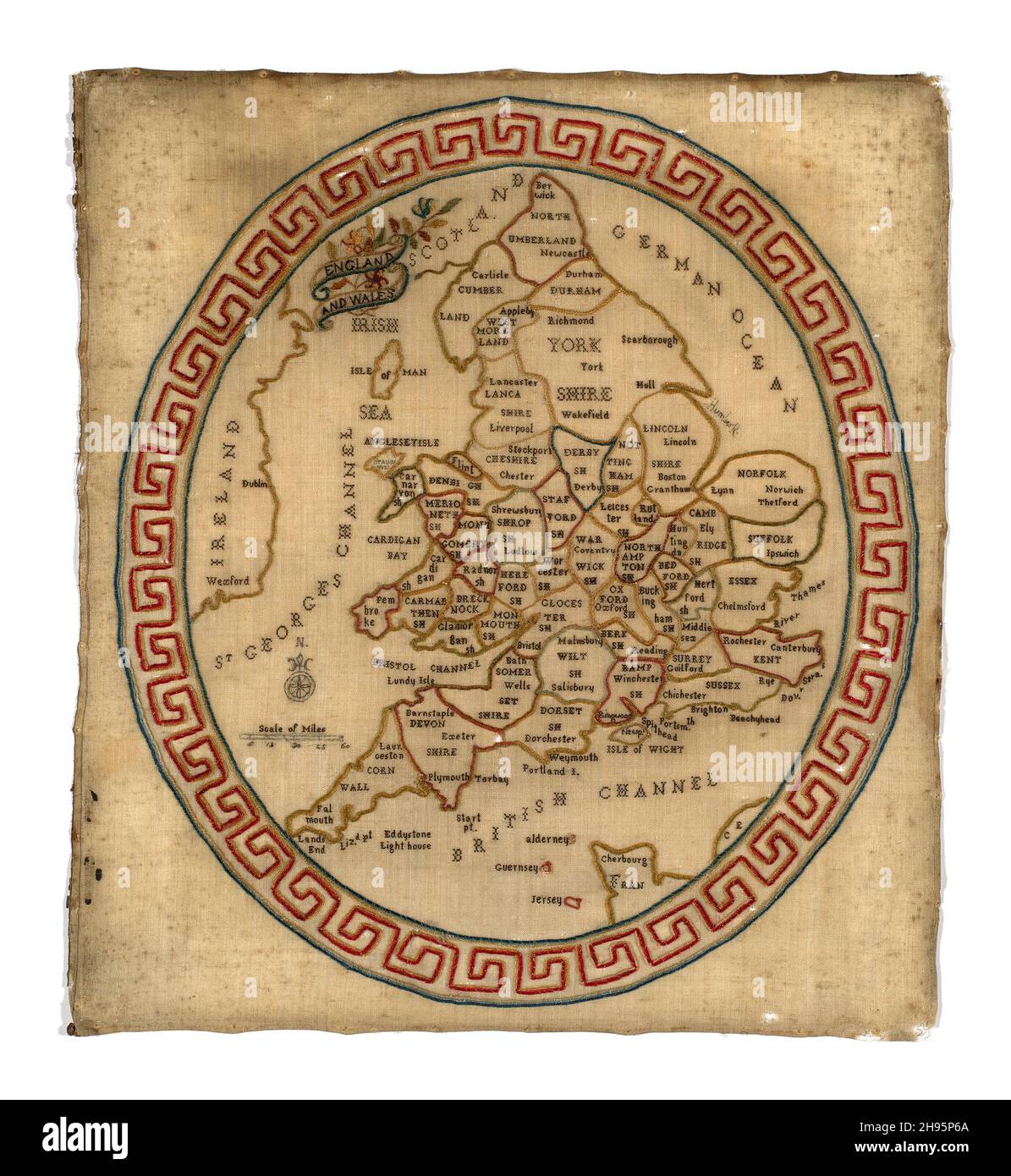 Map Sampler, England, c. 1800. Die Grafschaften England und Wales, der 'Deutsche Ozean'. Stockfoto