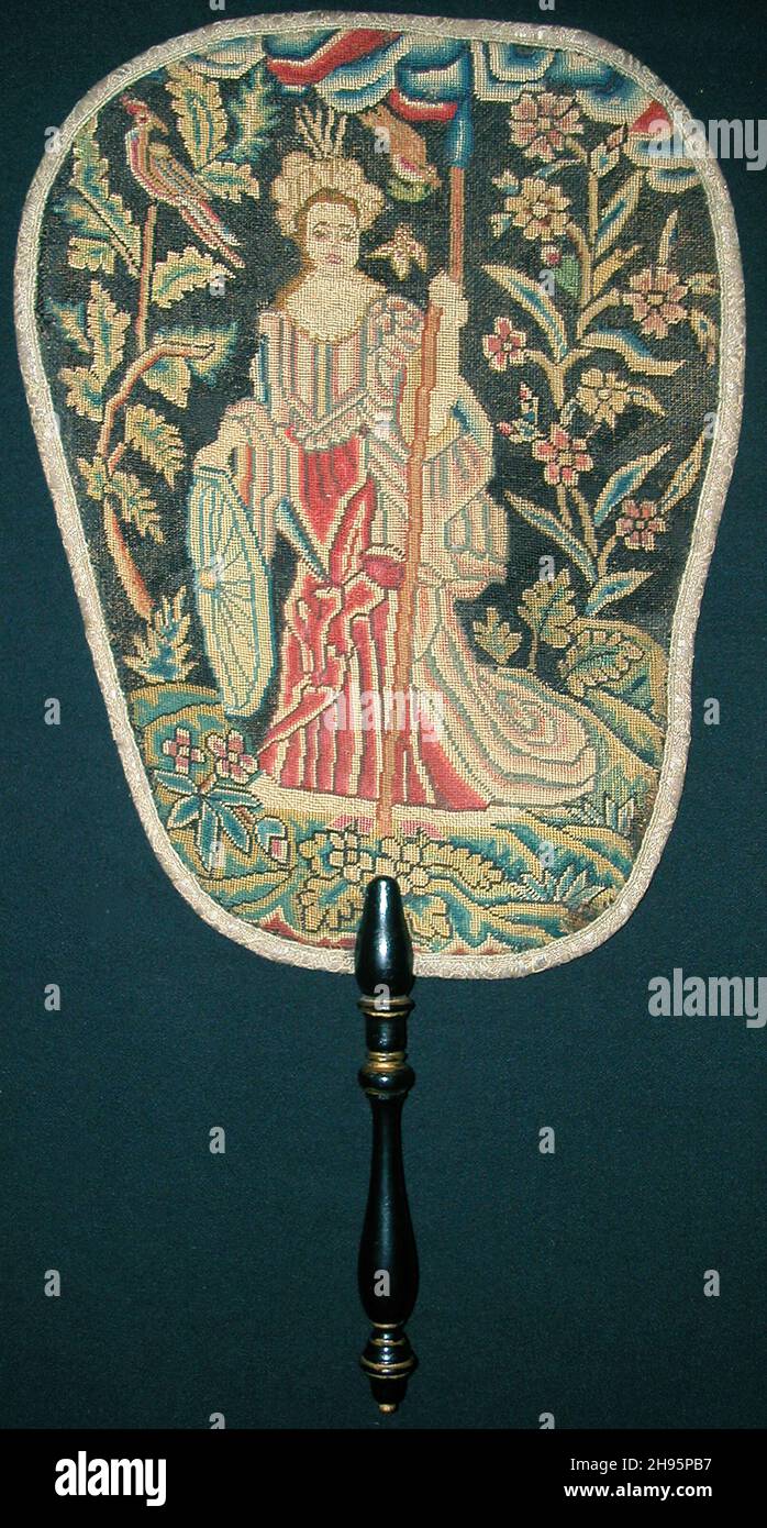 Fire Fan, England, 1701/25. Handfeuerschirm mit weiblicher Figur, möglicherweise Britannia. Stockfoto