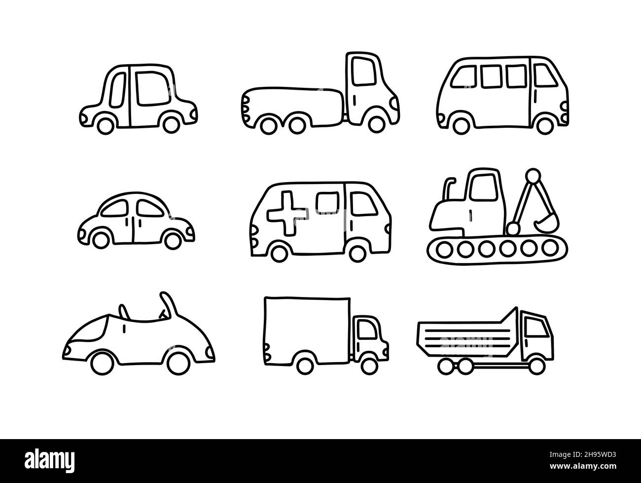 Niedliche Sammlung Autos isoliert auf einem weißen Hintergrund. Symbole im Doodle-Stil für Kinder-Design. Isoliert auf weißer Vektorgrafik Stock Vektor
