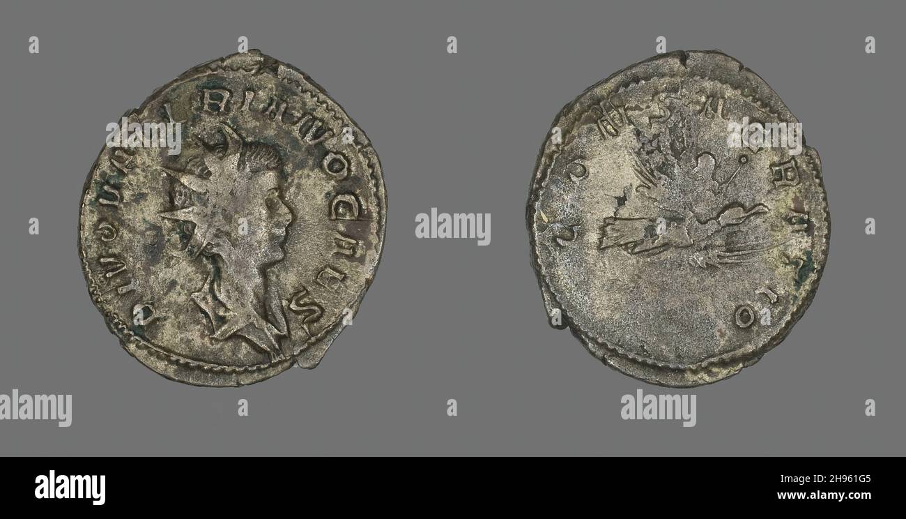 Antoninianus (Münze) mit Kaiser Valerian II., 259. Geprägt in der Colonia Copia Claudia Augusta Lugdunum, (modernes Lyon). Stockfoto