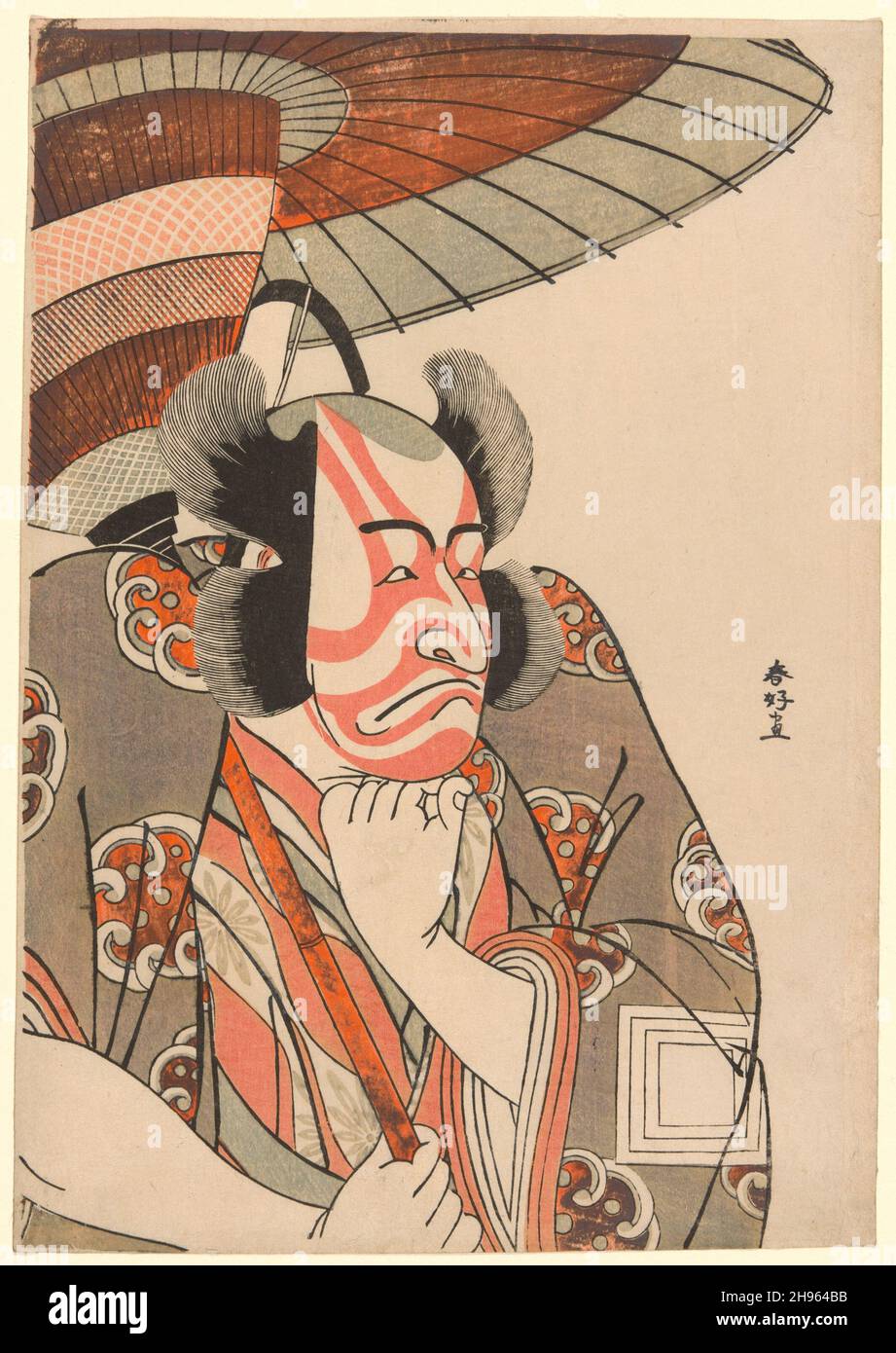 Halblanges Porträt des Schauspielers Ichikawa Danjuro V als Kazusa no Gorobei Tadamitsu in Akt drei des Stücks Kitekaeru Nishiki no Wakayaka (Rückkehr in die Heimat in Pracht), aufgeführt am ersten Tag des elften Monats, 1780, c. 1780. Stockfoto