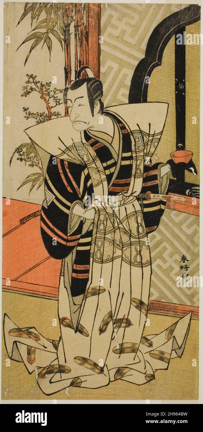 Der Schauspieler Ichikawa Danjuro V als Kajiwara Heiji (?) In dem Theaterstück Hiragana Seisuiki (?), aufgeführt im Morita Theater (?) Im dritten Monat, 1776 (?), c. 1776. Stockfoto