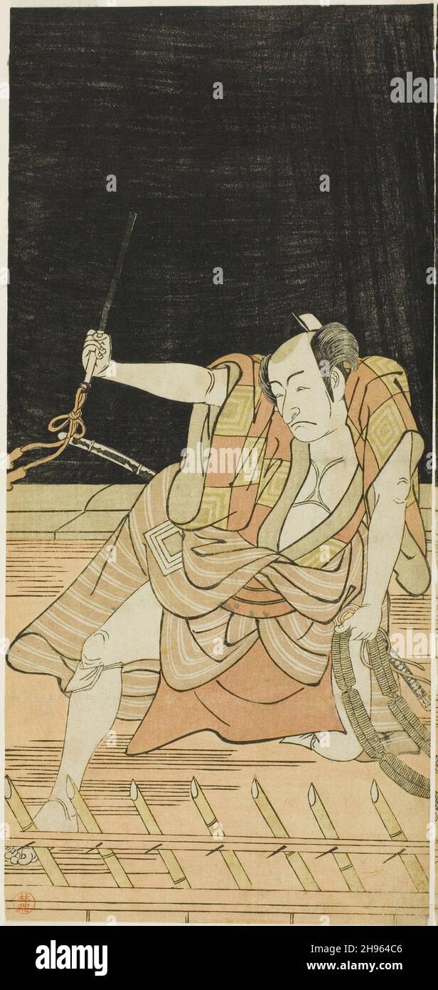 Der Schauspieler Ichikawa Danjuro V als Issun Tokubei im achten Akt des Theateres Natsu Matsuri Naniwa Kagami (Spiegel von Osaka im Sommerfest), aufgeführt am Morita Theater vom siebzehnten Tag des siebten Monats, 1779, c. 1779. Stockfoto