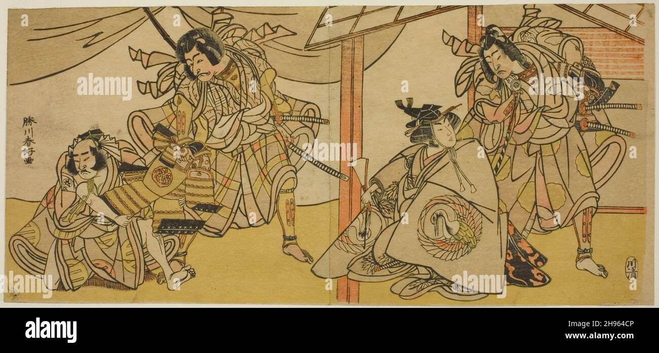 Rechte Seite: Die Schauspieler Bando Hikosaburo III als Soga no Goro (rechts) und Segawa Kikunojo IV als Onna Asahina (links) im Spiel Ume-goyomi Akebono Soga; linke Seite: Die Schauspieler Onoe Matsusuke I als Furugori Shinzaemon (links) und Ichikawa Danjuro V und Kagekiyo (rechts) im Theaterstück Hatsumombi Kuruwa Soga, das im ersten Monat, 1780, im nakamura Theater, aufgeführt wurde 1780. Stockfoto