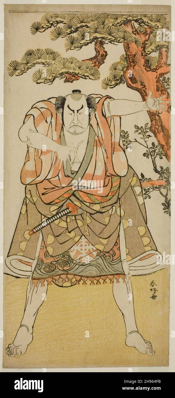 Der Schauspieler Nakamura Nakazo I als der Yakko Nakahei verkleidet als Miura Arajiro (?) Aus dem Theaterstück Ise Heishi Eigo no Koyomi (?), aufgeführt im Ichimura Theater (?) Im elften Monat, 1782 (?), c. 1782. Stockfoto