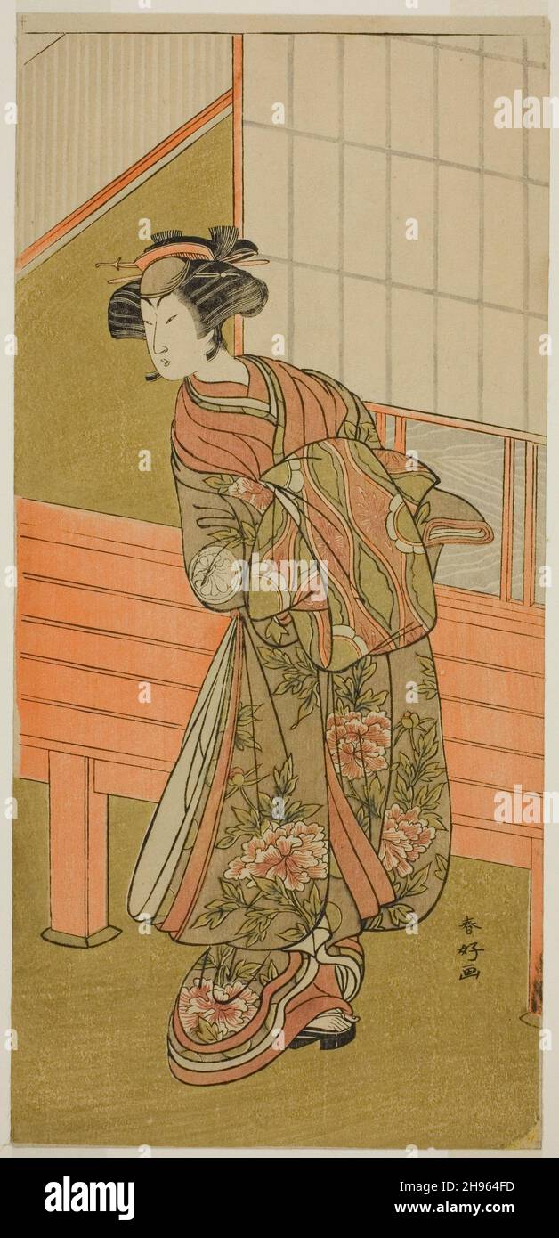 Der Schauspieler Segawa Kikunojo III als Kurtisane Takamura von Onoteruya (?) In dem Stück Sugata no Hana Yuki no Kuromushi (?), aufgeführt im Ichimura Theater (?) Im elften Monat, 1776 (?), c. 1776. Stockfoto