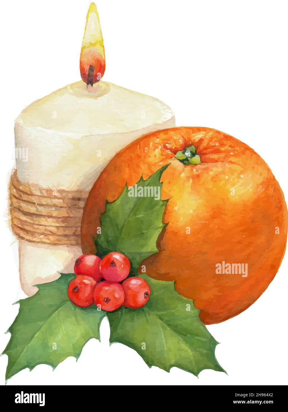 Weihnachtskomposition: Kerze, Orange und ein Zweig Mistel. Stock Vektor