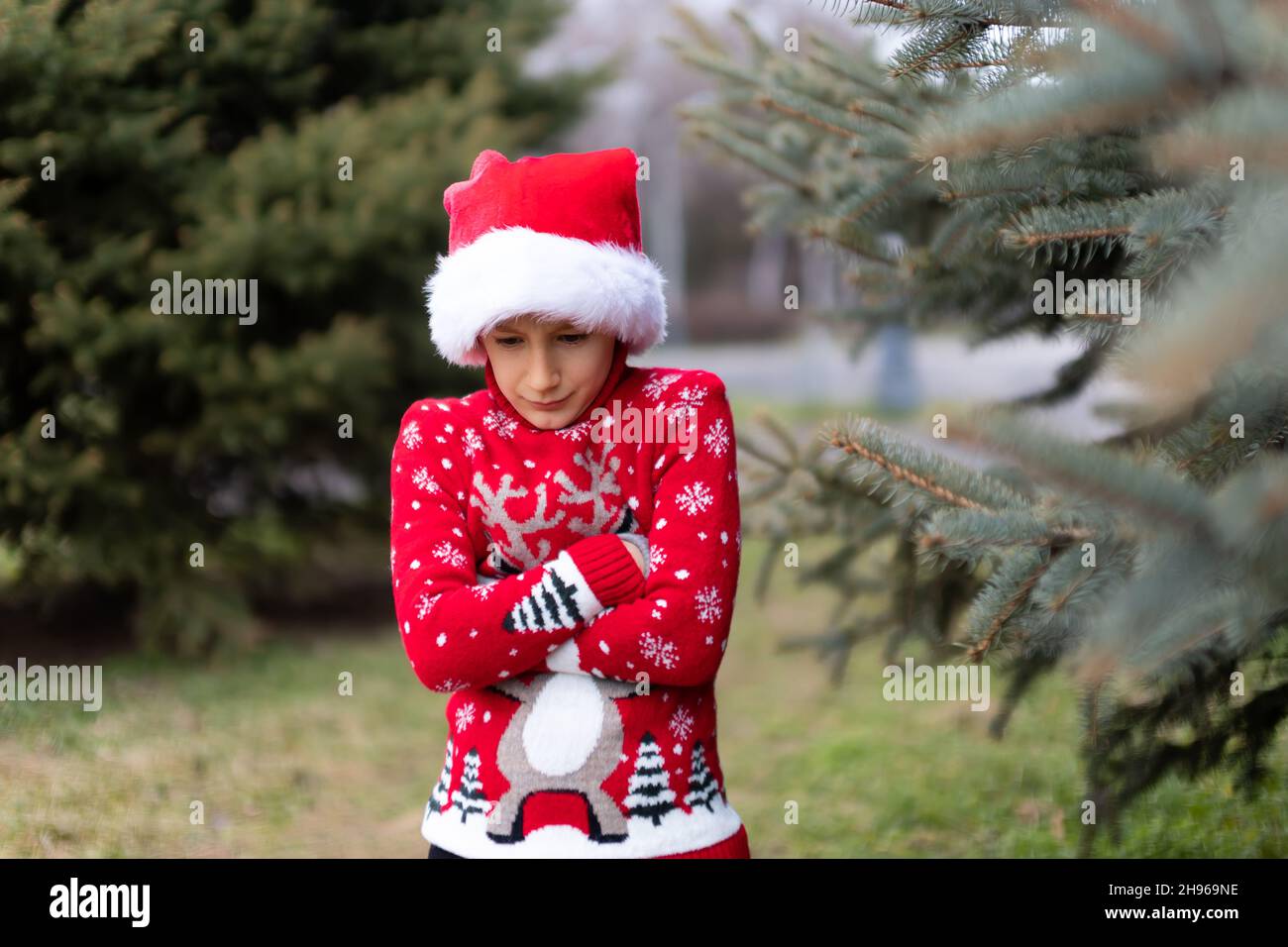 Ein fröhlicher Junge in einem roten Weihnachtspullover mit Hirsch und Weihnachtsmütze steht im Park neben dem Weihnachtsbaum und drückt sich die Hände an Stockfoto