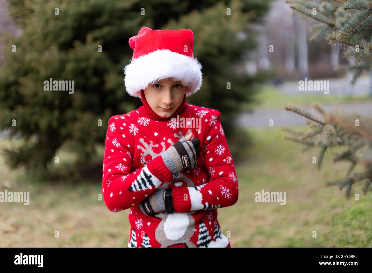 Ein fröhlicher Junge in einem roten Weihnachtspullover mit Hirsch und Weihnachtsmütze steht im Park neben dem Weihnachtsbaum und drückt sich die Hände an Stockfoto