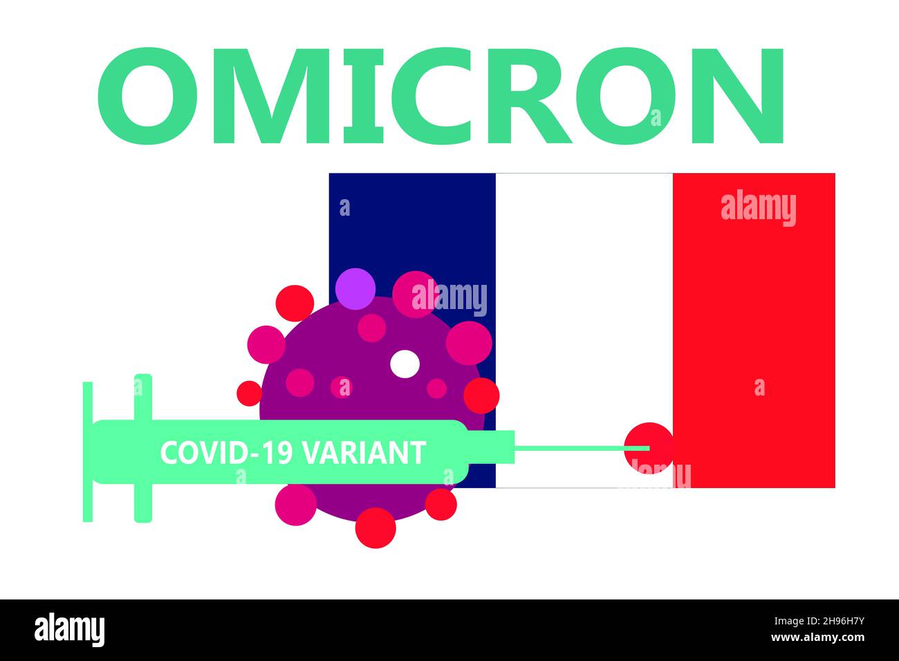 Illustration für die neue COVID-19-Variante Omicron, die nach Angaben DER WHO nach Frankreich gelangt, was ein hohes Risiko darstellt. Stockfoto