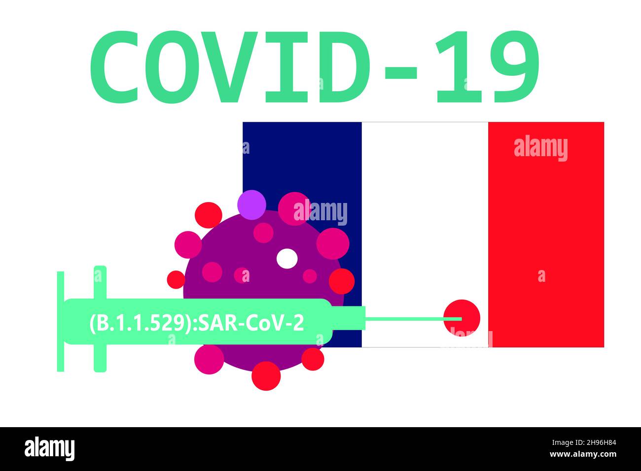 Illustration für die neue COVID-19-Variante Omicron, die nach Angaben DER WHO nach Frankreich gelangt, was ein hohes Risiko darstellt. Stockfoto