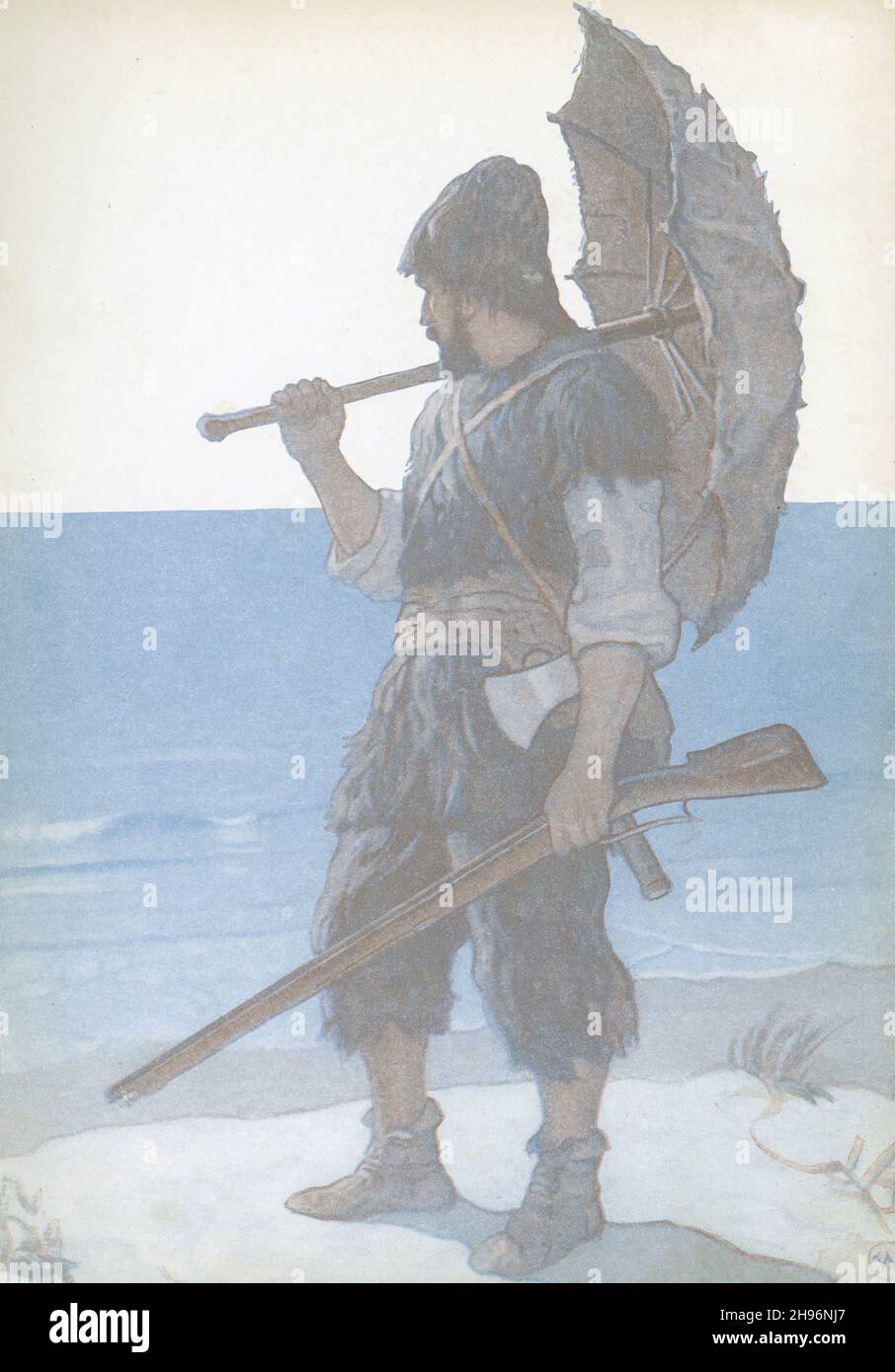 Robinson Crusoe ist ein Roman des englischen Schriftstellers Daniel Defoe, der 1719 veröffentlicht wurde. Diese fiktive Autobiographie erzählt die Geschichte eines englischen Schiffbrüchigen namens Robinson Crusoe (der am Ufer entlang ging, wo er gestrandet war), der 28 Jahre auf einer abgelegenen tropischen Insel in der Nähe von Venezuela verbrachte, bevor er gerettet wurde. Newell Convers Wyeth, bekannt als N. C. Wyeth, war ein amerikanischer Künstler und Illustrator. Er war Schüler des Künstlers Howard Pyle und wurde einer der größten Illustratoren Amerikas. Stockfoto