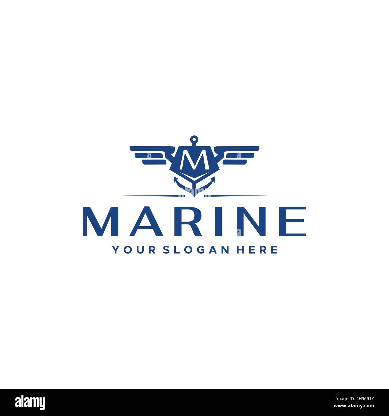 Flaches Buchstabenzeichen Initiales M MARINE blaues Logo-Design Stock Vektor