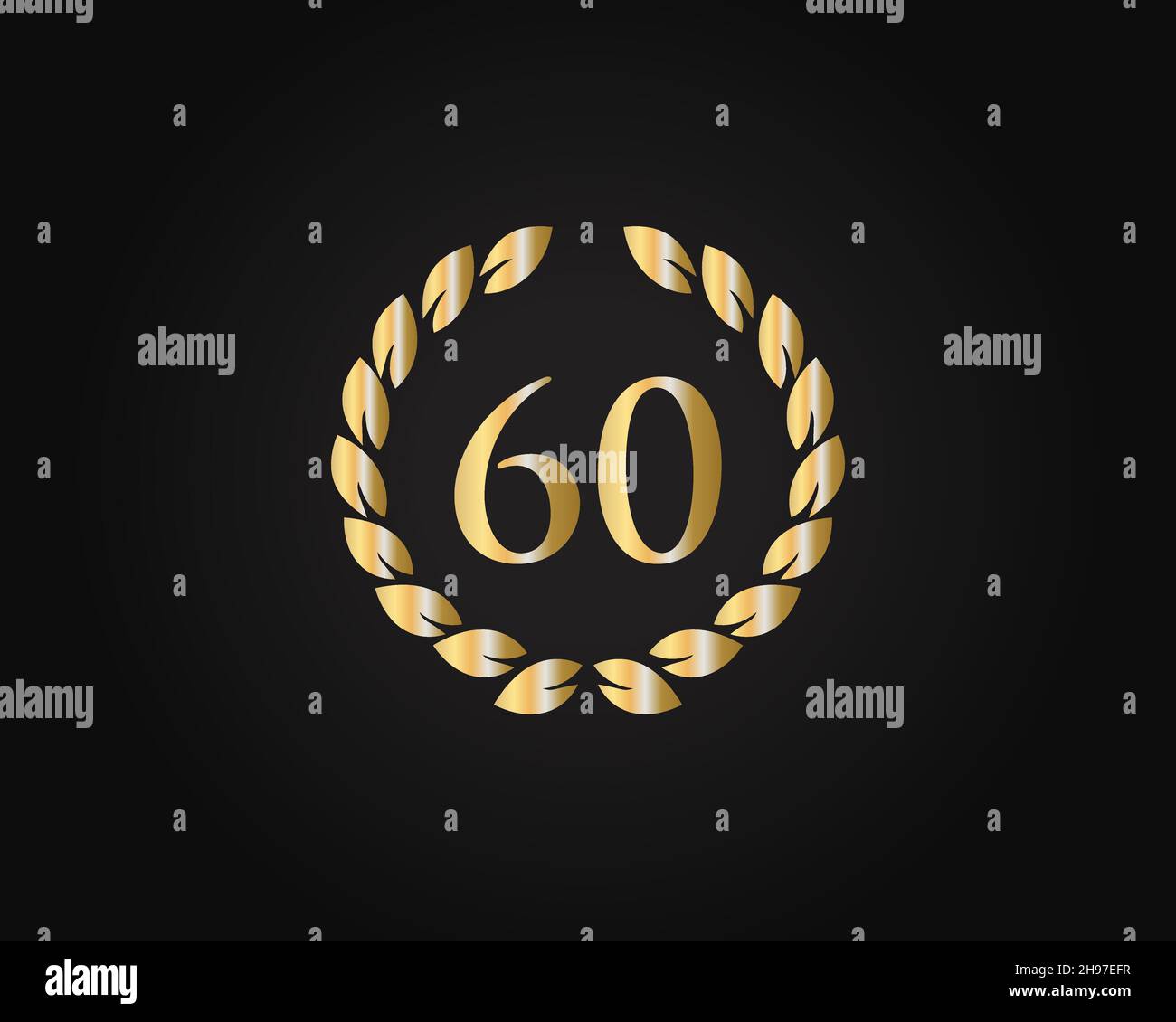 60th Jahre Jubiläum Ring Logo Vorlage. 60th Jahre Jubiläums-Logo mit goldenem Ring isoliert auf schwarzem Hintergrund, für Geburtstag, Jubiläum Stock Vektor