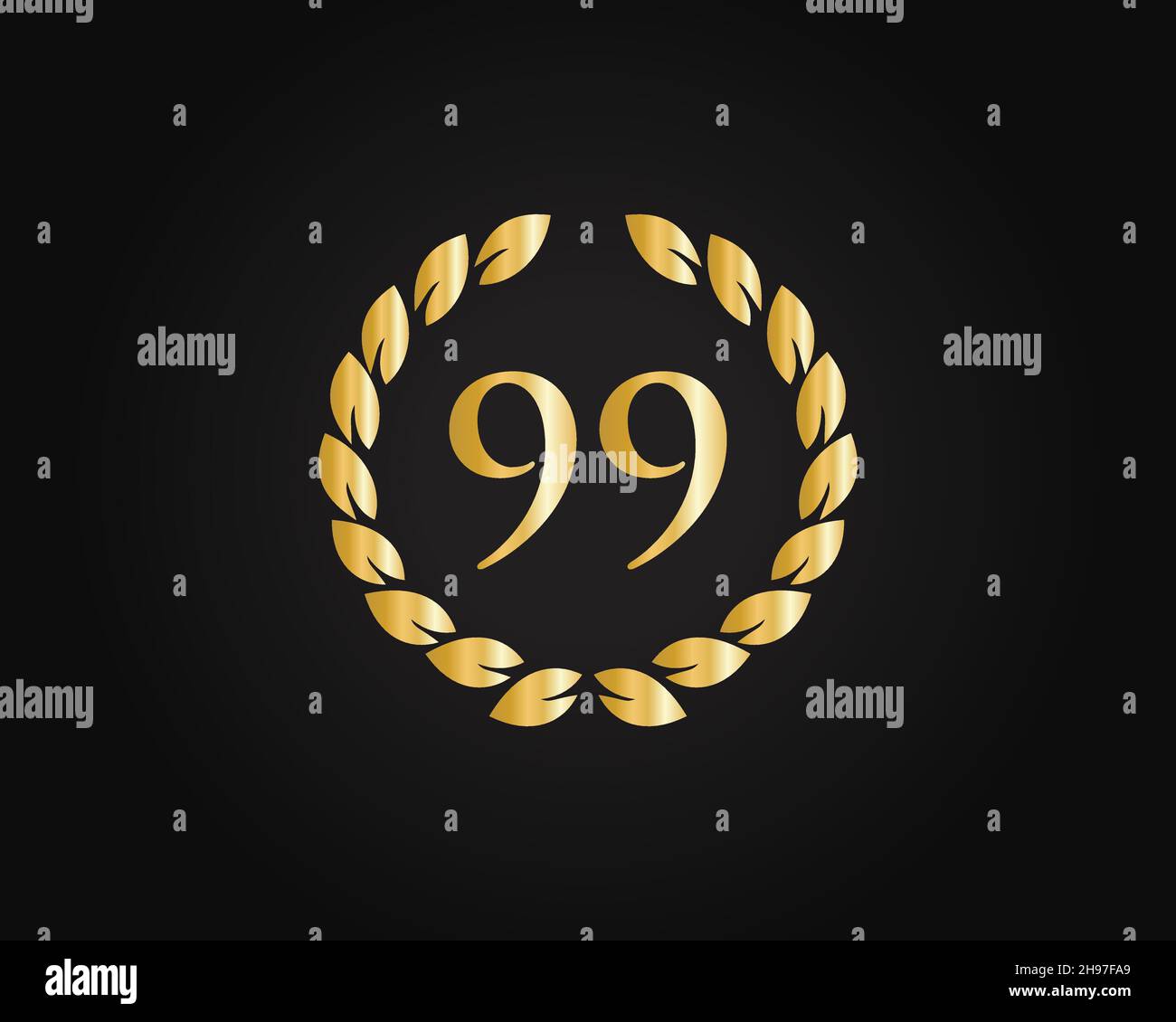 99th Anniversary Ring Logo-Vorlage. 99th Jahre Jubiläumslogo mit goldenem Ring isoliert auf schwarzem Hintergrund, für Geburtstag, Jubiläum und Gesellschaft Stock Vektor
