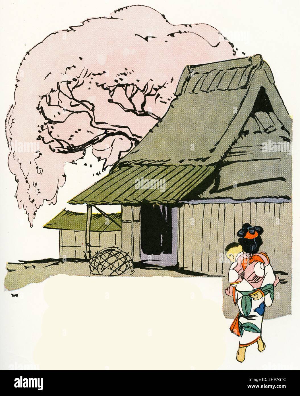 Urige Illustration des traditionellen Lebens in Japan, mit einem Kirschblütenbaum neben einem Haus; veröffentlicht um 1928 Stockfoto