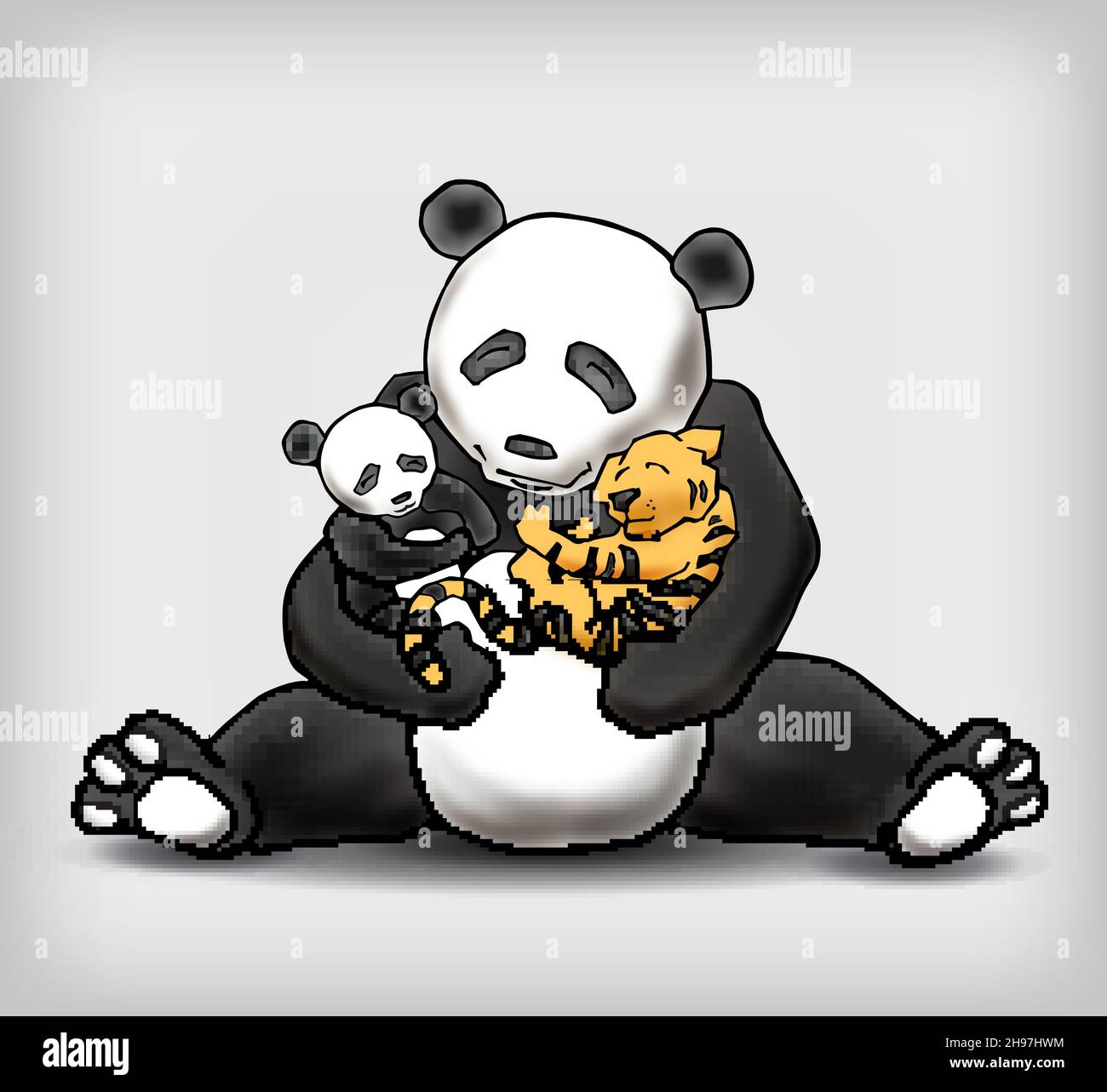 Panda sitzt mit ihrem Kind und einem kleinen Tiger-Jungen. Annahme (Legitimation) konzeptuelle Illustration Stock Vektor