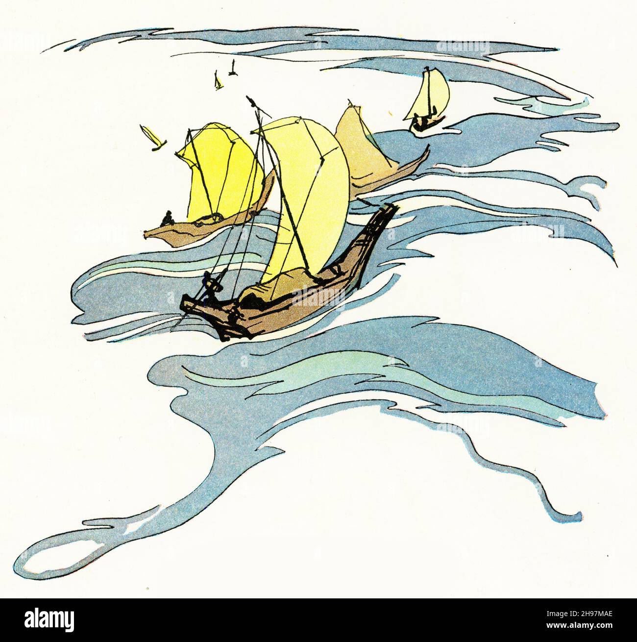 Malerische Illustration des traditionellen Lebens in Japan, mit einer Flotte von Dschunken, die in einer Squall auf See gefangen wurden; veröffentlicht um 1928 Stockfoto